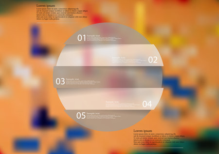 Illustration infographic template with rounded motif, horizontally divided to five grey pieces. Each item contains number and text. Background is created by blurred photo of ludo game board.のイラスト素材