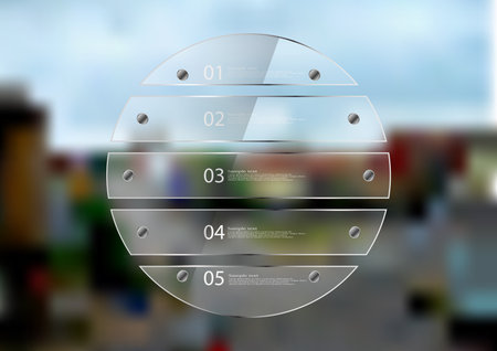 Illustration infographic template. Circle created by five transparent glass sheets with reflection. Rounded motif placed on blurred photo of town sceene with crossroad in the city.のイラスト素材