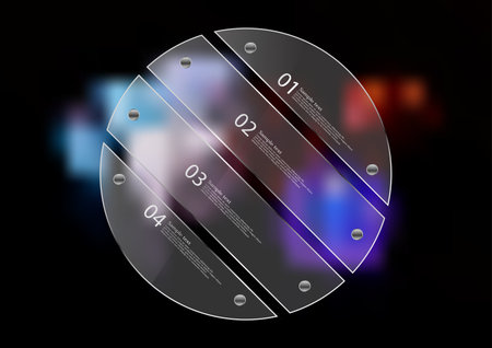 Illustration infographic template. Circle created by four transparent glass sheets with reflection. Rounded motif placed on blurred photo of several color dices on black background.のイラスト素材