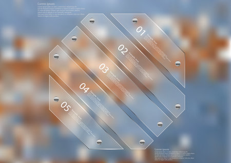 Illustration infographic template with motif of glass octagon askew divided to five sections. Blurred photo with natural motif is used as background with wooden board with worn color.のイラスト素材