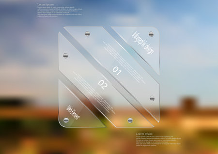 Illustration infographic template with motif of glass rectangle askew divided to four sections. Blurred photo with natural motif is used as background blue cloudy sky and field.のイラスト素材