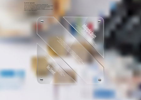 Illustration infographic template with motif of glass rectangle askew divided to three sections. Blurred photo with financial motif is used as background with coins, charts, pies and calculator.のイラスト素材