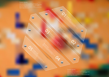Illustration infographic template with motif of glass hexagon askew divided to five sections. Blurred photo with ludo motif is used as background with game board and few dices.のイラスト素材