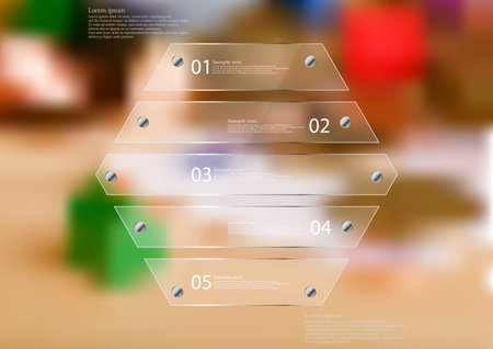 Illustration infographic template with motif of glass hexagon horizontally divided to five sections. Blurred photo with financial motif is used as background with coins, money or green house.のイラスト素材