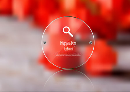 Illustration infographic template with glass circle. Two screws are on left and right. Motif is placed on blurred photo background with natural motif with many red physalis blooms.のイラスト素材
