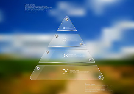 Illustration infographic template with motif of glass triangle horizontally divided to four sections. Blurred photo with natural motif is used as background with path between fields.のイラスト素材