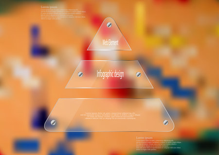 Illustration infographic template with motif of glass triangle horizontally divided to three sections. Blurred photo with ludo motif is used as background with game board and dices.のイラスト素材