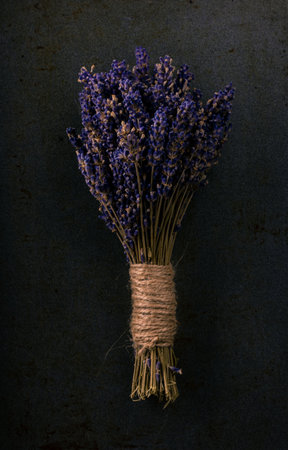 Vertical photo with single bunch of lavender flower bonded by natural cord with vintage mood. Purple blooms are dry as a rest of plant. Grey dark worn baking tray is used as background.の写真素材