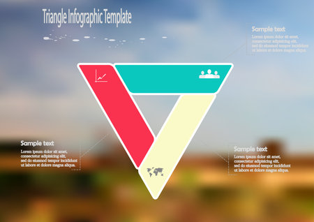 Illustration infographic template with motif of color triangle divided to three sections with simple signs. Blurred photo with natural motif with field, grass and cloudy sky is used as background.のイラスト素材