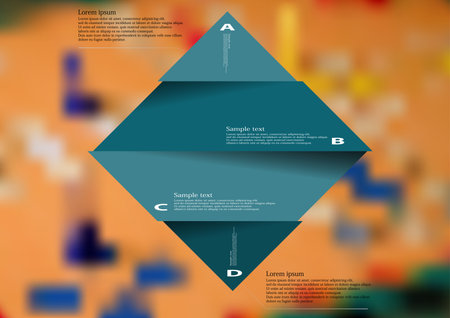 Illustration infographic template with motif of blue rhombus horizontally divided to four sections with simple signs. Blurred photo with ludo game board is used as background.のイラスト素材