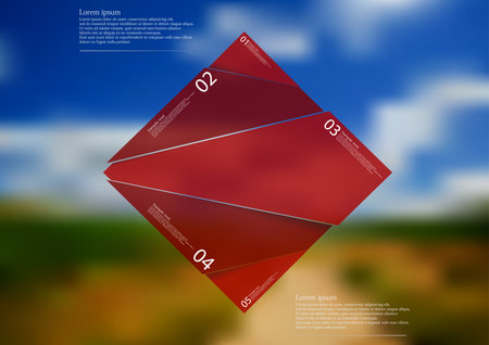 Illustration infographic template with motif of red rhombus randomly divided to five sections with simple signs. Blurred photo with natural motif path between two fields is used as background.のイラスト素材
