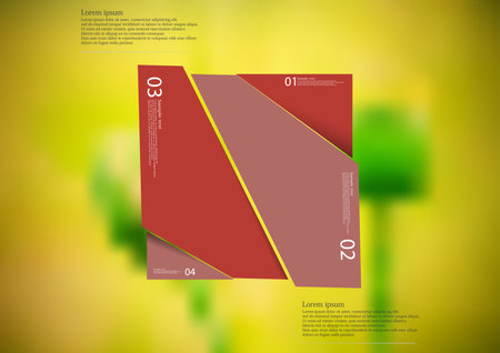 Illustration infographic template with motif of red rhombus randomly divided to four sections with simple signs. Blurred photo with natural motif with green poppy plants is used as background.のイラスト素材