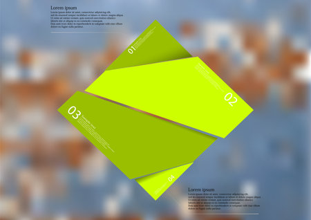 Illustration infographic template with motif of green rhombus randomly divided to four sections with simple signs. Blurred photo with texture of worn color on wooden board is used as background.のイラスト素材