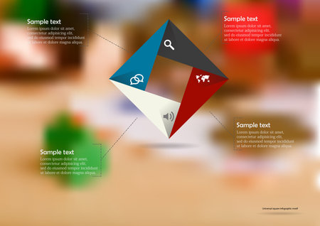 Illustration infographic template with motif of color rectangle square origami consists of four parts with sample text and simple sign. Blurred photo with financial motif is used as background.のイラスト素材