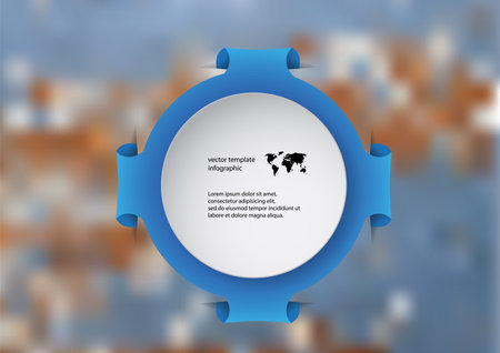 Illustration infographic template with motif of blue folded circle with white paper ring with sample text and simple sign. Blurred photo with color texture motif is used as background.のイラスト素材