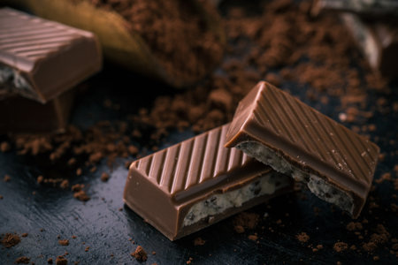 Horizontal photo with several broken pieces of brown chocolate with light creamy filling. Cocoa in vintage wooden spoon is next to sweets and spilled around on dark worn tray.の写真素材