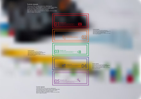 Illustration infographic template with motif of color bar horizontally divided to five standalone sections created by double outlines. Blurred photo with money motif is used as background.のイラスト素材