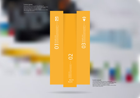 Illustration infographic template with motif of bar vertically divided to three long orange sections. Blurred photo with financial motif of charts with calculator is used as background.のイラスト素材