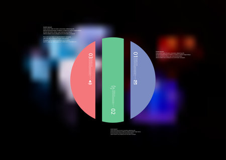 Illustration infographic template with motif of circle vertically divided to three color standalone sections. Blurred photo with colorful game dices motif is used as background.のイラスト素材