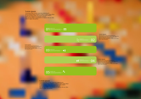 Illustration infographic template with motif of rectangle horizontally divided to five standalone green sections with simple sign, number and sample text. Blurred photo is used as background.のイラスト素材
