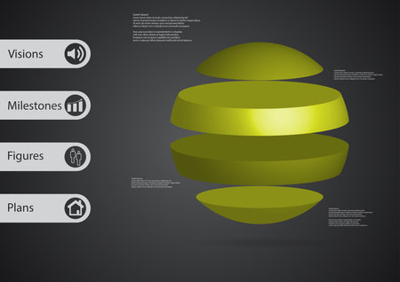 3D illustration infographic template with motif of ball horizontally divided to four standalone green sections with simple sign and sample text on side in bars. Dark grey gradient is used as background.のイラスト素材