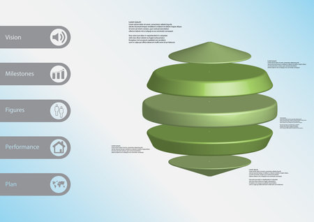 3D illustration infographic template with motif of three cylinders between two cones horizontally arranged with simple sign and sample text on side in bars. Light blue gradient is used as background.のイラスト素材