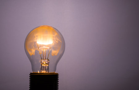 Horizontal photo with single glass bulb. The bulb is switched on but the wire is burning. The smoke...