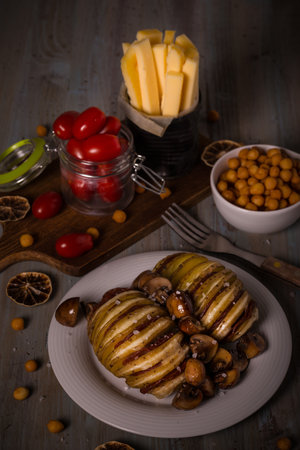 Vertical photo of two roasted and sliced full potatoes filled by gouda cheese and salami on white...