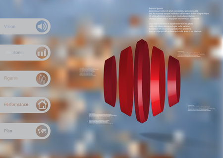 3D illustration infographic template with motif of round hexagon vertically divided to five red parts with simple sign and sample text on side in bars. Blurred photo is used as background.のイラスト素材