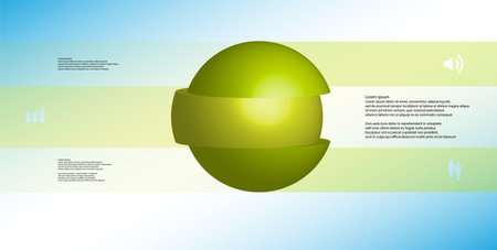 3D illustration infographic template with motif of sliced ball to three green parts which are stacked with shifted elements. Simple sign and text is in color banners.  Light blue gradient is used as background.のイラスト素材