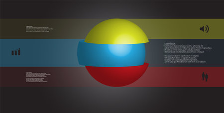 3D illustration infographic template with motif of sliced ball to three color parts which are stacked with shifted elements. Simple sign and text is in color banners.  Dark grey gradient is used as background.のイラスト素材