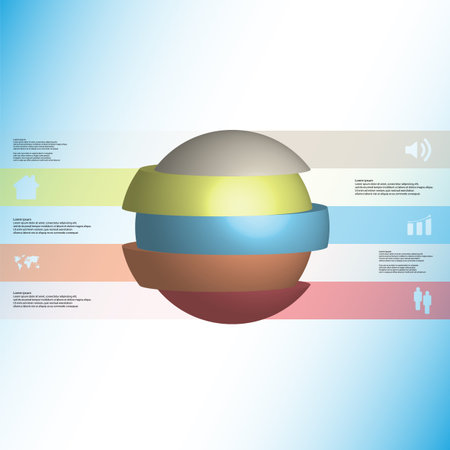 3D illustration infographic template with motif of sliced ball to five color parts which are stacked with shifted elements. Simple sign and text is in color banners.  Light blue gradient is used as background.のイラスト素材