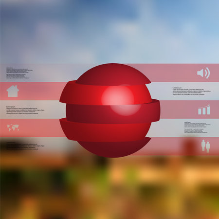 3D illustration infographic template with motif of sliced ball to five red parts which are stacked with shifted elements. Simple sign and text is in color banners.  Blurred photo is used as background.のイラスト素材