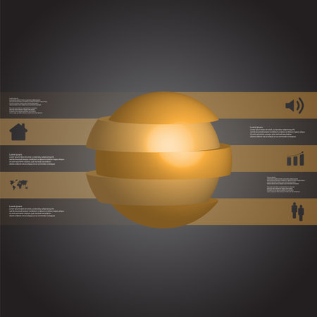 3D illustration infographic template with motif of sliced ball to five orange parts which are stacked with shifted elements. Simple sign and text is in color banners.  Dark grey gradient is used as background.のイラスト素材