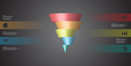 3D illustration infographic template with motif of horizontally sliced cone to five color parts which are shifted.のイラスト素材
