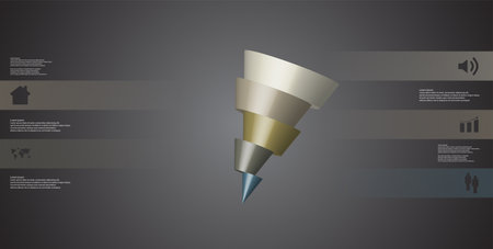 3D illustration infographic template with motif of horizontally sliced cone to five color parts which are shifted and askew arranged.のイラスト素材