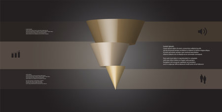 3D illustration info-graphic template with motif of horizontally sliced cone to three brown parts which are shifted. Simple sign and text is in color banners. Dark grey gradient is used as background.のイラスト素材