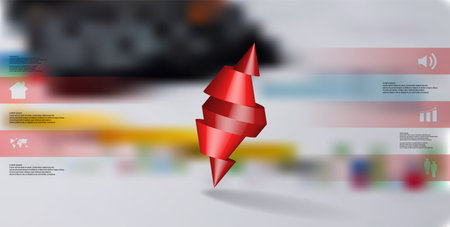 3D illustration infographic template with motif of sliced spiked cone to five red parts and askew arranged. Simple sign and text is in color banners. Background is blurred photo.のイラスト素材