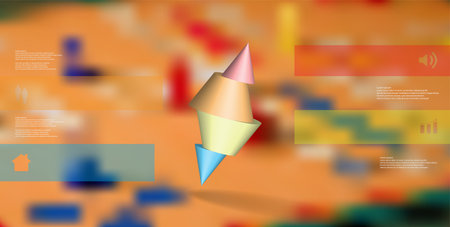 3D illustration infographic template with motif of sliced spiked cone to four color parts and askew arranged. Simple sign and text is in color banners. Background is blurred photo.のイラスト素材