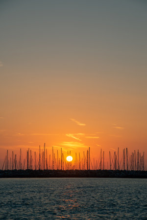 Vertical photo with sunset in Cecina Italy. The sun is behind stone breakwater. Many masts are...