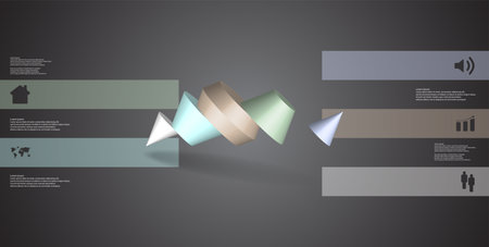 3D illustration infographic template. The two spiked cone is divided to five color parts. Object is askew arranged on grey / black background. Color bars with simple sign are on sides.のイラスト素材