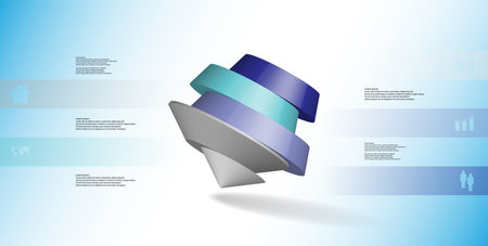 3D illustration infographic template. The round pentagon is divided to five color parts. Object is askew arranged on blue white background. Color bars with simple signs are on sides.のイラスト素材