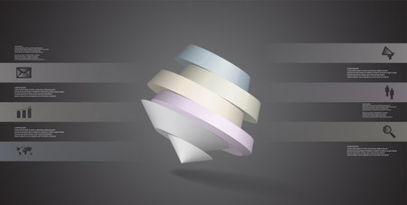 3D illustration infographic template. The round pentagon is divided to six color parts. Object is askew arranged on grey black background. Color bars with simple signs are on sides.のイラスト素材