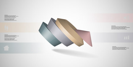 3D illustration infographic template. The round pentagon is divided to four color parts. Object is askew arranged on grey white background. Color bars with simple signs are on sides.のイラスト素材