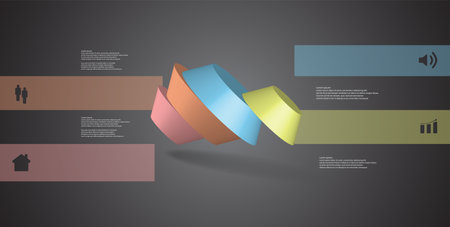 3D illustration infographic template. The round octagon is divided to four color parts. Object is askew spilled on grey black background. Color bars with simple signs are on sides.のイラスト素材