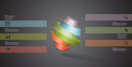 3D illustration infographic template. The round octagon is divided to six color parts. Object is askew arranged on grey black background. Color bars with simple signs are on sides.のイラスト素材