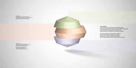 3D illustration infographic template. The round octagon is divided to three color parts. Object is placed on grey white background. Color bars with simple signs are on sides.のイラスト素材