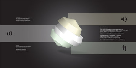 3D illustration infographic template. The round octagon is divided to three color parts. Object is askew arranged on grey black background. Color bars with simple signs are on sides.のイラスト素材