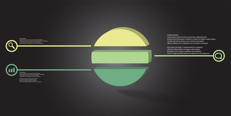 3D illustration infographic template. The embossed ring is divided to three color parts. Object is arranged on grey black background. Color lines with simple signs in circles are on sides.のイラスト素材