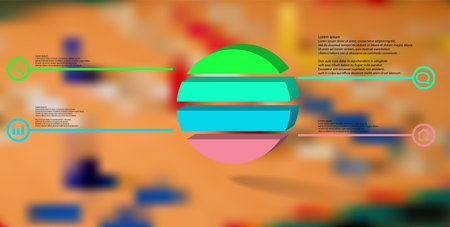 3D illustration infographic template. The embossed ring is divided to four color parts. Object is arranged on blurred photo background. Color lines with simple signs in circles are on sides.のイラスト素材